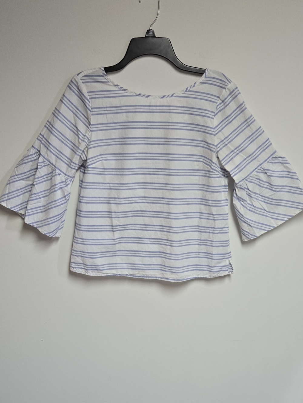 J. Crew White Blouse with Light Blue Stripes and Bell Sleeves